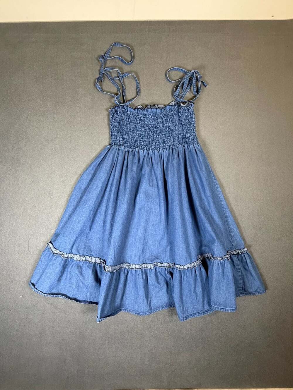 Free People Blue Chambray Smocked Tie Strap Tiered Dress S Y2K Cottagecore